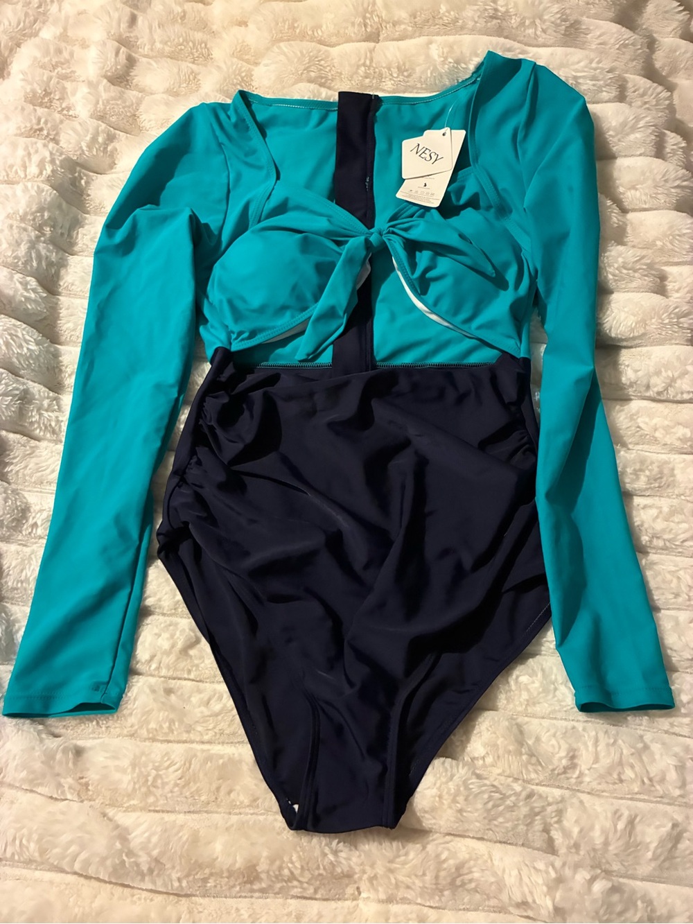 Long-Sleeve Tie-Front One-Piece Swimsuit in Teal and Navy -